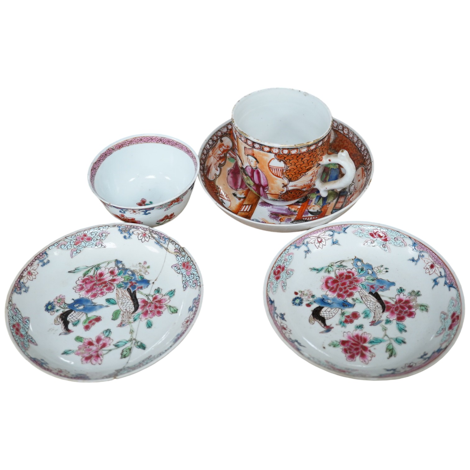 A Chinese porcelain famille rose 'double pheasant' tea bowl and saucer and a Mandarin pattern coffee cup and saucer, all Qianlong period, largest 11.5cm diameter. Condition - one saucer broken, others fair to good